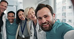Team, face and selfie with happy people in clinic, solidarity and confident for healthcare services. Hospital, profile picture and group with smile for collaboration, health or memory with colleagues