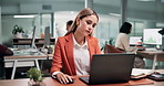 Laptop, typing and businesswoman in office with research for finance report with revenue growth. Tech, budget review and financial manager with computer for stock market investment in workplace.