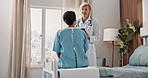 Clinic, recovery and doctor with tablet, smile and explaining test results after surgery or support. Mature women, discussion and medical professional with tech, happy and healthcare report on web