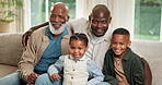Grandfather, dad and face of children on sofa for generations, bonding and relationship. Black family, portrait and happy grandpa, father and kids for love, connection and weekend visit in home