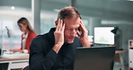 Stress, headache and businessman in office with laptop for research on finance report with revenue. Migraine, technology and mature financial manager with computer for stock market investment.