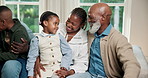 Grandparents, child and sofa with black family in home for bonding, love or affection together. Grandpa, mother or kid with smile or embrace on couch for holiday break, weekend or support in house