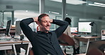 Relax, laptop and businessman in office with finished finance report, project or investment growth. Happy, computer and mature financial manager with completed feedback on stock market revenue.