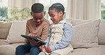 Happy, siblings and kids on sofa with tablet for online game, streaming and cartoon choice. Family, home and African children on tech for entertainment, digital subscription and internet on weekend
