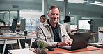 Happy, laptop and face of businesswoman in office with confidence for finance career. Smile, about us and portrait of financial manager with computer for stock market investment in workplace.
