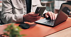 Typing, phone and hands of businessman with laptop in office with feedback on finance report. Technology, budget review and financial manager with cellphone and computer for investment project.