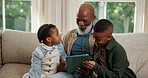 Tablet, education or game with grandparent and children on sofa in living room of home together for visit. Black family, tech or social media app with senior man and grandkids in house for learning