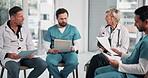 Nurse, meeting and doctors in office with document, patient charts and planning for treatment. People, team and tech in workplace with paperwork, medical records and case study for healthcare service