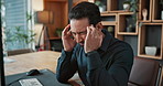 Pain, office and business man with headache, frustrated and burnout for financial audit or deadline. Corporate, stress and person with shoulder strain, migraine and overwhelmed for finance crisis