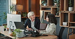 Lawyer, talking and women in office on tablet for legal strategy, case study and research. Law firm, partnership and woman with paralegal on tech for report, contract review and consulting for trial
