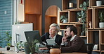 Lawyer, talking and business people in office on computer for legal strategy, case study or research. Law firm, team and woman with paralegal on tech for online report, contract review and consulting