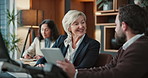 Tablet, discussion and business people in office with research for finance report with budget plan. Digital technology, collaboration and financial advisors with investment review in workplace.