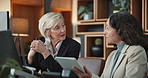 Lawyer, meeting and women in office on tablet for legal strategy, case study and research. Law firm, team and woman with paralegal on digital tech for online report, contract review and consulting