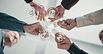 Below, toast and hands of business people with champagne for success, deal closure and victory. Corporate, circle and workers with alcohol, cheers and celebrate for achievement, support and milestone