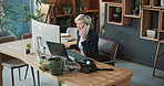 Realtor, phone call and woman in office with laptop, smile and service for property seller. Happy, chat or mature real estate agent with tech for rental, conversation or positive in housing industry