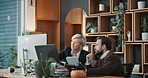 Lawyer, meeting and business people on computer for legal strategy, case study and research in office. Law firm, team and woman with attorney on tech for discussion, planning or consulting for trial
