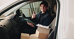 Tablet, boxes and face of delivery man with thumbs up, logistics or distribution for b2c freight in van. Package, portrait and happy courier with tech for supply chain, approval and order in vehicle