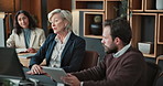 Tablet, discussion and business people in office with collaboration for finance report with budget plan. Digital technology, meeting and financial advisors with investment review in workplace.