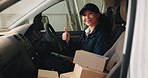Tablet, boxes and face of woman in van with thumbs up, logistics or distribution for b2c freight. Package, portrait and courier with digital tech for supply chain and approval for order in vehicle