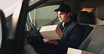 Phone, boxes and delivery man in van for logistics or freight, distribution or b2c information. Package, cargo and courier with digital technology for supply chain and order inventory in vehicle