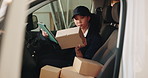 Tablet, boxes and woman in van for delivery, logistics or freight distribution for b2c information. Package, cargo and courier with digital technology for supply chain and order inventory in vehicle