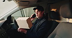 Phone call, boxes and delivery man in van for logistics or freight, distribution or b2c information. Package, cargo and courier with digital tech for supply chain, order and communication in vehicle