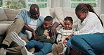 Children, bonding and black family in home for weekend, comfort or childhood development together. Mom, dad and chilling with kids, siblings or connection for interaction, holiday or break in house