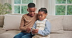 Happy, playing and siblings on sofa with phone for online games, internet and relax on weekend. Family, home and African kids on cellphone for bonding, connection and educational app in living room