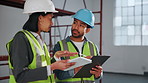 Technician, team and conversation with tablet for inspection, renovation project and engineering. Maintenance, man and woman with property management, discussion and digital tech for building plan