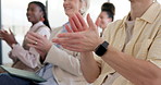 Applause, seminar and hands of business people in office for meeting, good news or support at event. Clapping, conference and team of corporate employees with celebration for training at convention.