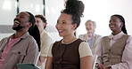 Smile, business and woman at seminar with staff, training and listening for corporate briefing. Female person, team and laugh in workplace with tablet, presentation and information at workshop event