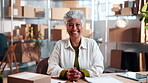 Logistics, face and woman with smile in warehouse, entrepreneur or confident for cargo distribution. Happy, portrait and mature person with pride, supply chain and shipping stock in small business