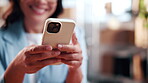 Logistics, texting or hands in office with phone, online chat or networking for ecommerce store. Distribution, woman and happy entrepreneur with space, digital contact or customer response on webshop
