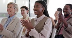 Audience, woman and clapping in office with workshop, skill development success or end of convention. Happy, person and team applause in seminar with career growth insight, advice or finish training.