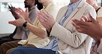 Clapping, seminar and hands of business people in office for meeting, good news or support at event. Applause, conference and team of corporate employees with celebration for training at convention.