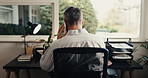 Back, man and remote work in home office with phone call, financial administration and audit update. Accounting, contractor and person in house with tech, contact and listen to bookkeeping feedback.