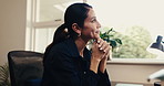 Happy, woman and thinking in home office with remote work, vision or inspiration for marketing idea. Creative, mature person or freelancer by window with smile, reflection or plan future ad campaign.