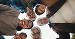 Face, grandparents and parents in huddle with children, love and bonding together on weekend visit. Happy people, family generations and kids in circle with reunion, support or connection from below.