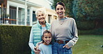 Face, generations and home owner with women in garden of house together for property investment. Grandmother, happy girl and mom outdoor in yard of apartment for bond, mortgage loan or real estate
