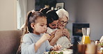 Celebration, hug or woman with senior mother, family lunch or loving moment in happy relationship. Connection, generations or people with embrace, social gathering or bonding together with home feast