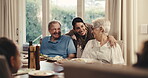 Celebration, senior parents or woman with hug, family lunch or loving moment in happy relationship. Laugh, elderly people or adult daughter with embrace, social gathering or bonding with home feast.