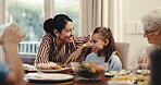 Love, lunch and mother with daughter in home dining room for bonding or playful moment together. Brunch, family and laughing with happy people in apartment for meal, reunion or social gathering