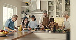 Cooking, happy and big family in kitchen at house for bonding, care and learning culinary skills. Smile, connection and children with grandparents and parents for preparing dinner, meal or supper.