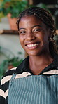 Hospitality, happy or black woman in cafe with face, barista profession or pride as startup founder. Smile, confidence or small business owner with portrait, restaurant worker or about us in catering