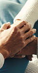 Nurse, old person and holding hands for kindness, care and comfort with encouragement in homecare. Patient, support and caregiver with empathy, medical hope or understanding with trust in retirement
