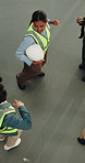 People, dancing and warehouse in celebration for logistics, manufacturing and stock management for delivery. Above, inspection and having fun for freight, supply chain or shipping company in industry
