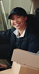 Logistics, face or woman in van with tablet, dispatch profession or pride in courier service. Confidence, happy or delivery worker with tech, freight distribution or about us in supply chain industry