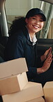 Logistics, face or supplier in van with tablet, delivery worker or confidence in courier service. Happy, dispatch profession or woman with tech, box distribution or about us in supply chain industry.