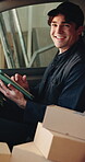 Logistics, face and man in van with tablet, dispatch profession and pride in courier service. Confidence, happy or delivery worker with tech, freight distribution or about us in supply chain industry