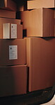 Logistics, box or stock in van for delivery, freight order or inventory management in shipment. Distribution, retail or package in vehicle for dispatch, courier service or consignment in supply chain